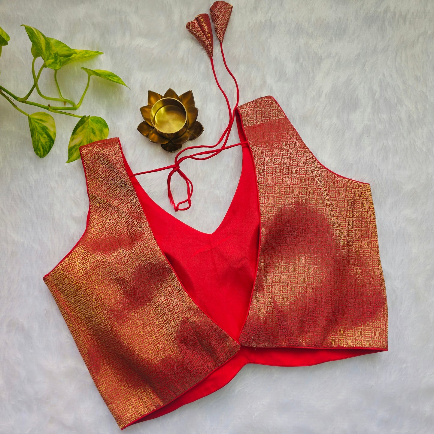 Red With Gold Zari Brocade Sleeveless Blouse