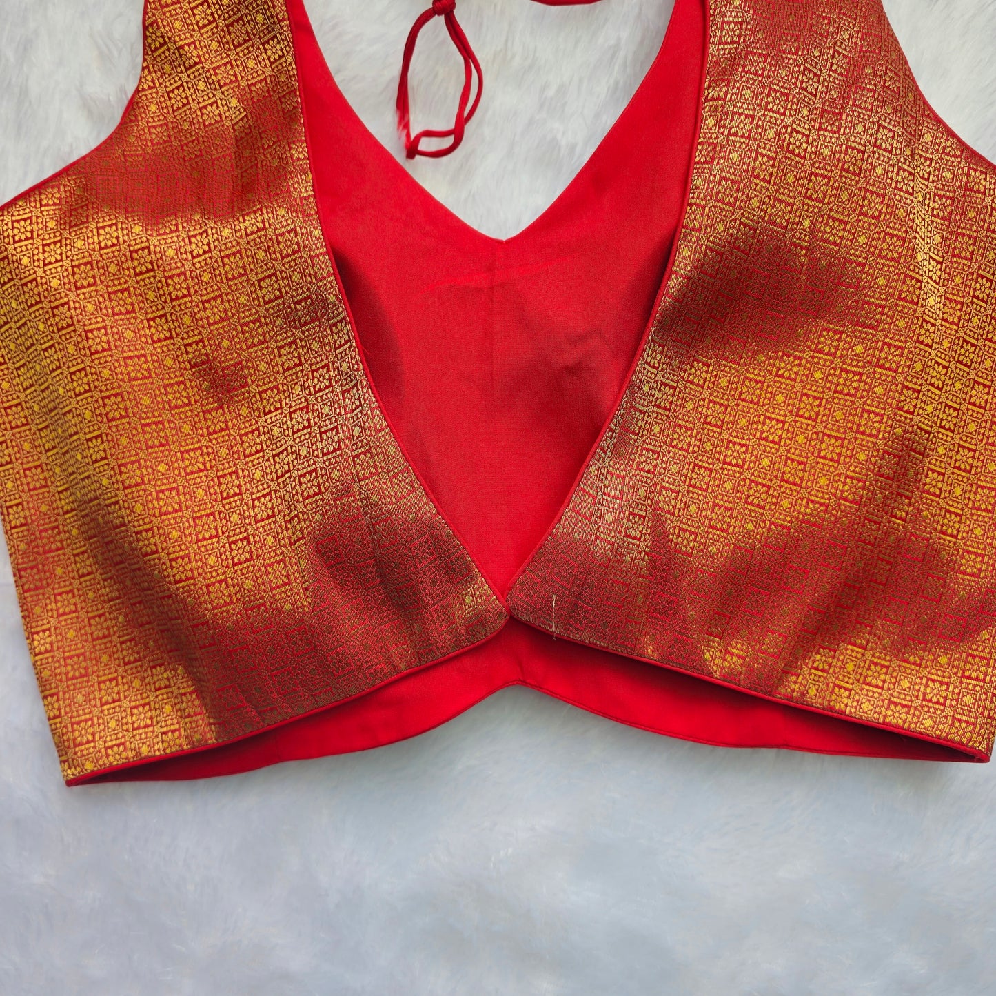 Red With Gold Zari Brocade Sleeveless Blouse
