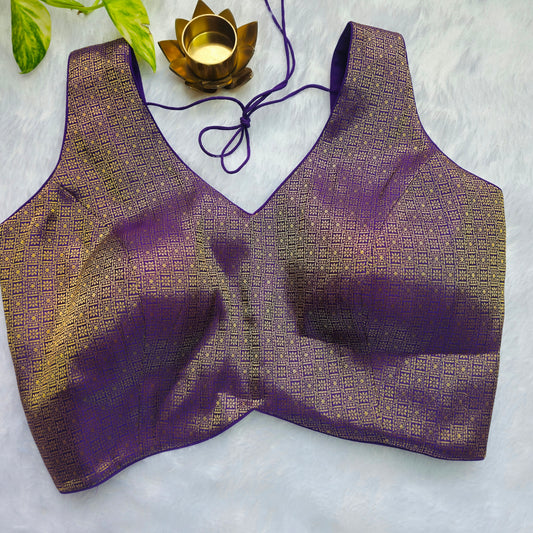Purple With Gold Zari Brocade Sleeveless Blouse(Attachable Sleeves)