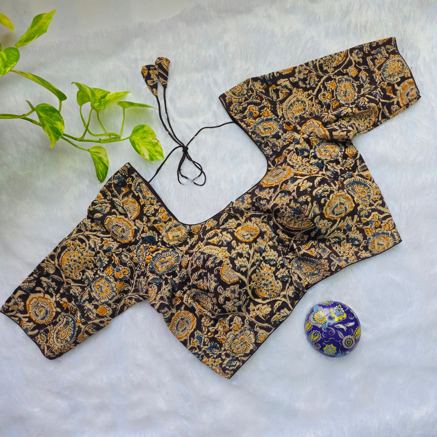 Yellow and Brown Cotton Kalamkari Blouse