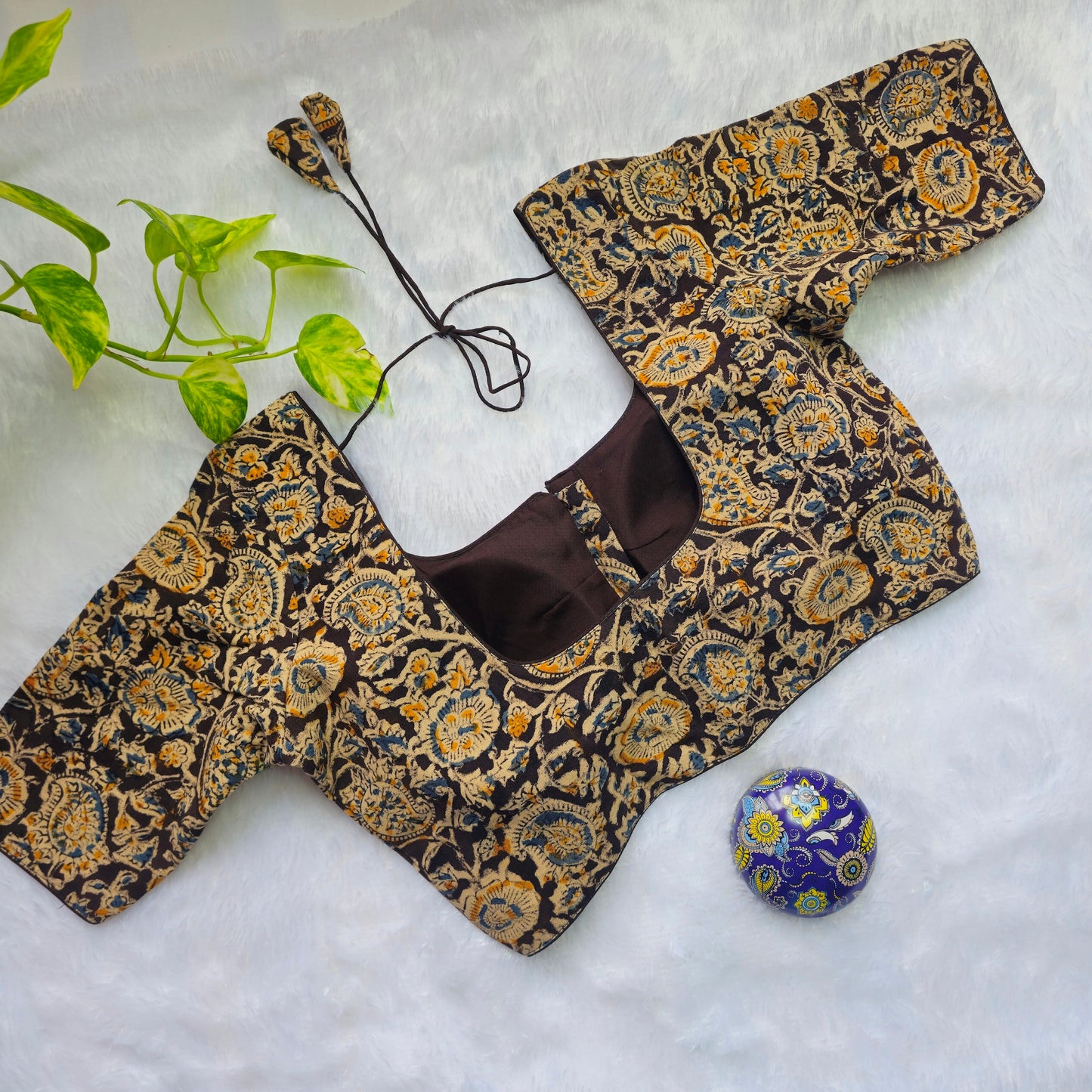 Yellow and Brown Cotton Kalamkari Blouse