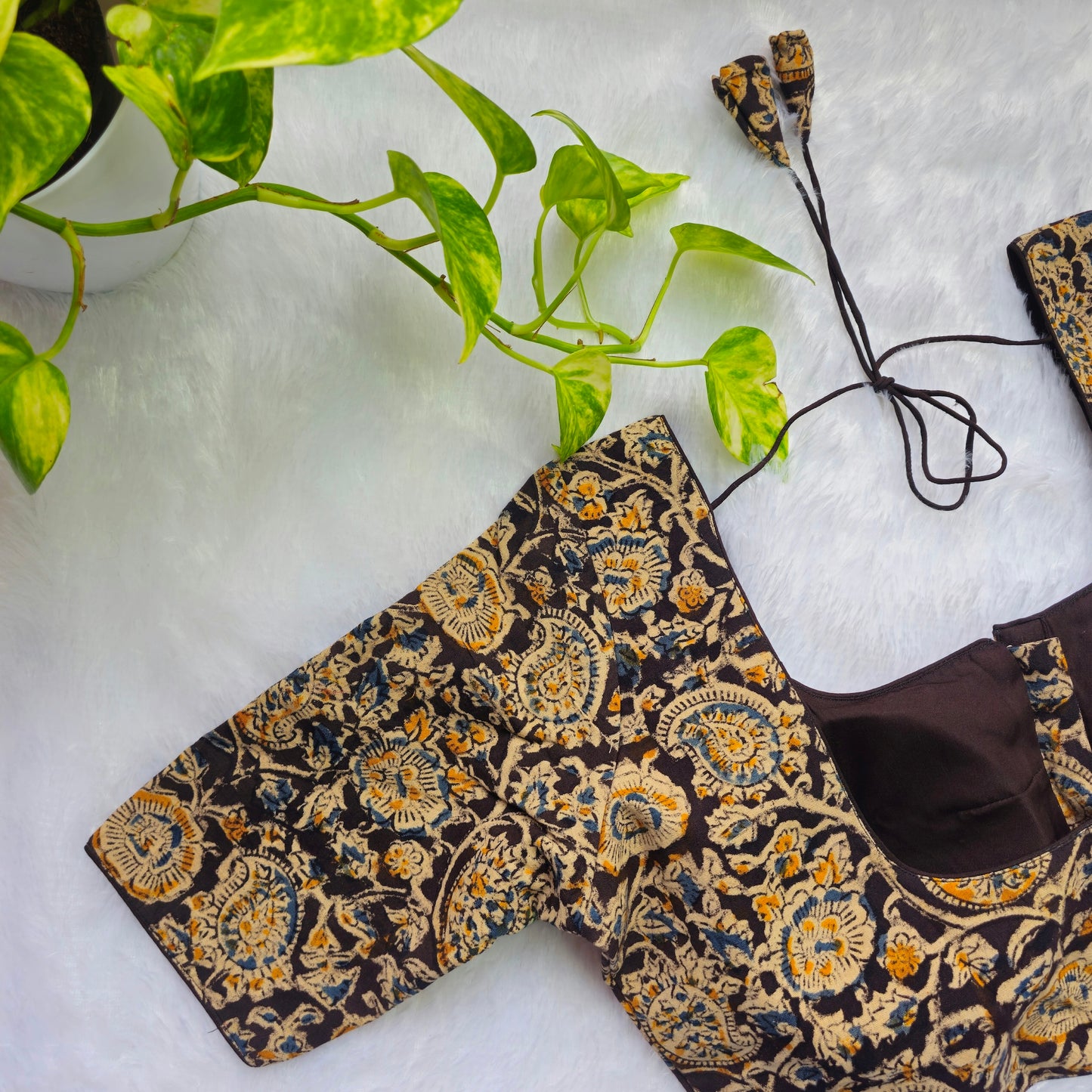 Yellow and Brown Cotton Kalamkari Blouse