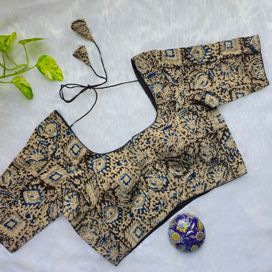 Grey and Blue Cotton Kalamkari Blouse