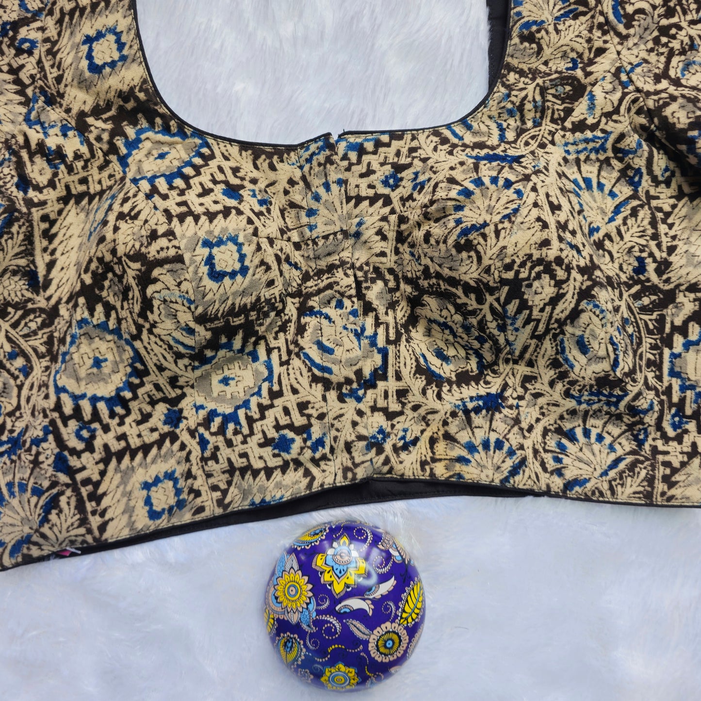 Grey and Blue Cotton Kalamkari Blouse