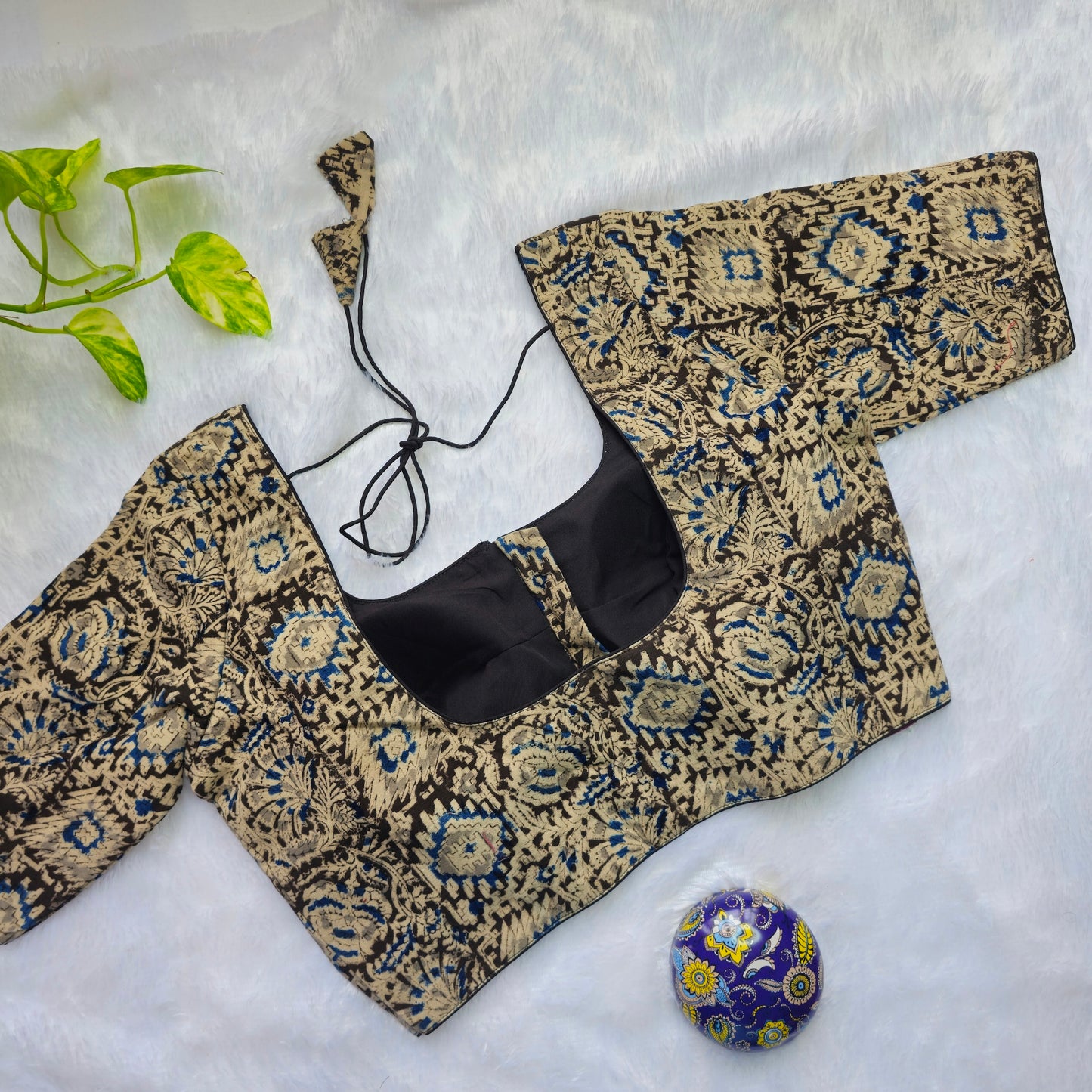Grey and Blue Cotton Kalamkari Blouse