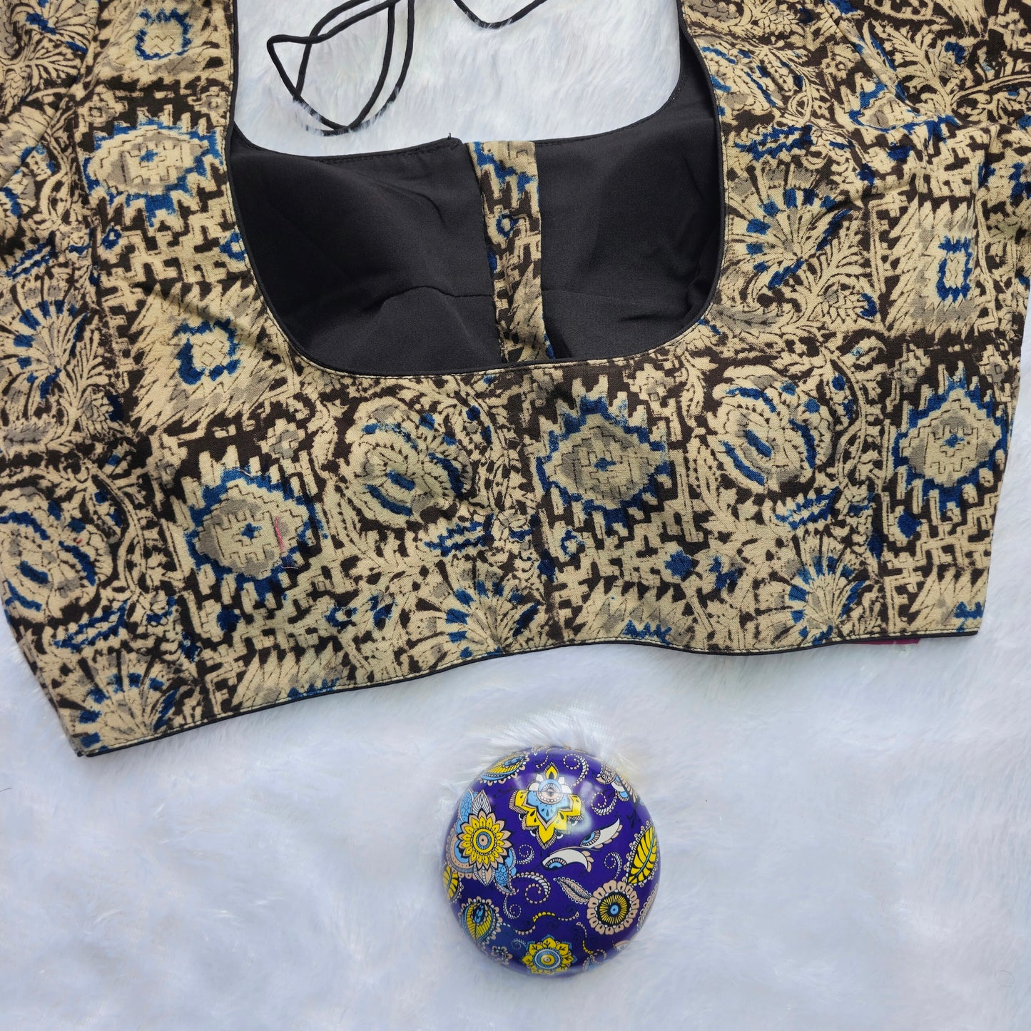 Grey and Blue Cotton Kalamkari Blouse