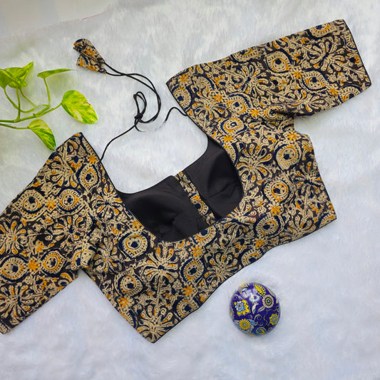 Black and Yellow Cotton Kalamkari Blouse