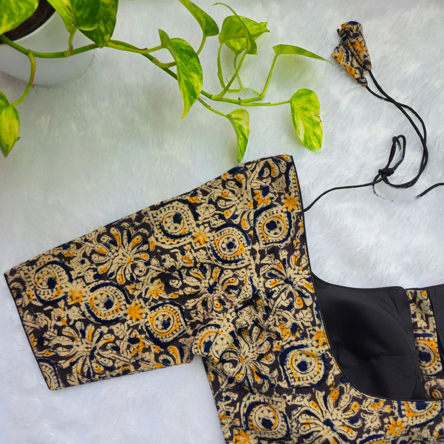 Black and Yellow Cotton Kalamkari Blouse