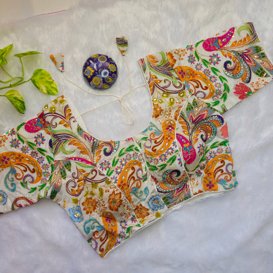 White Crepe Kalamkari Blouse