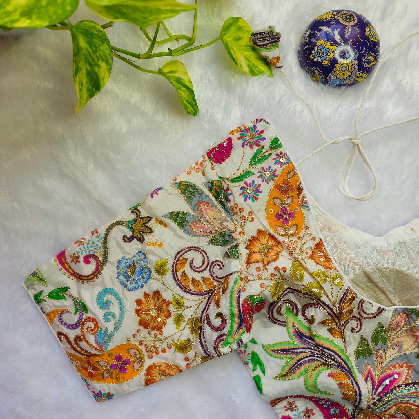 White Crepe Kalamkari Blouse