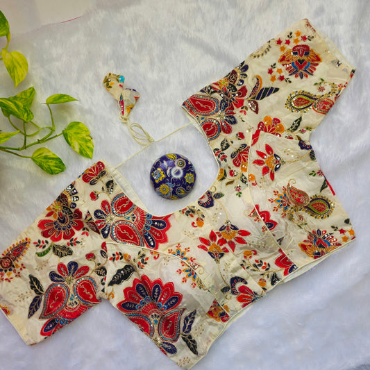 Off White and Red Crepe Kalamkari Blouse