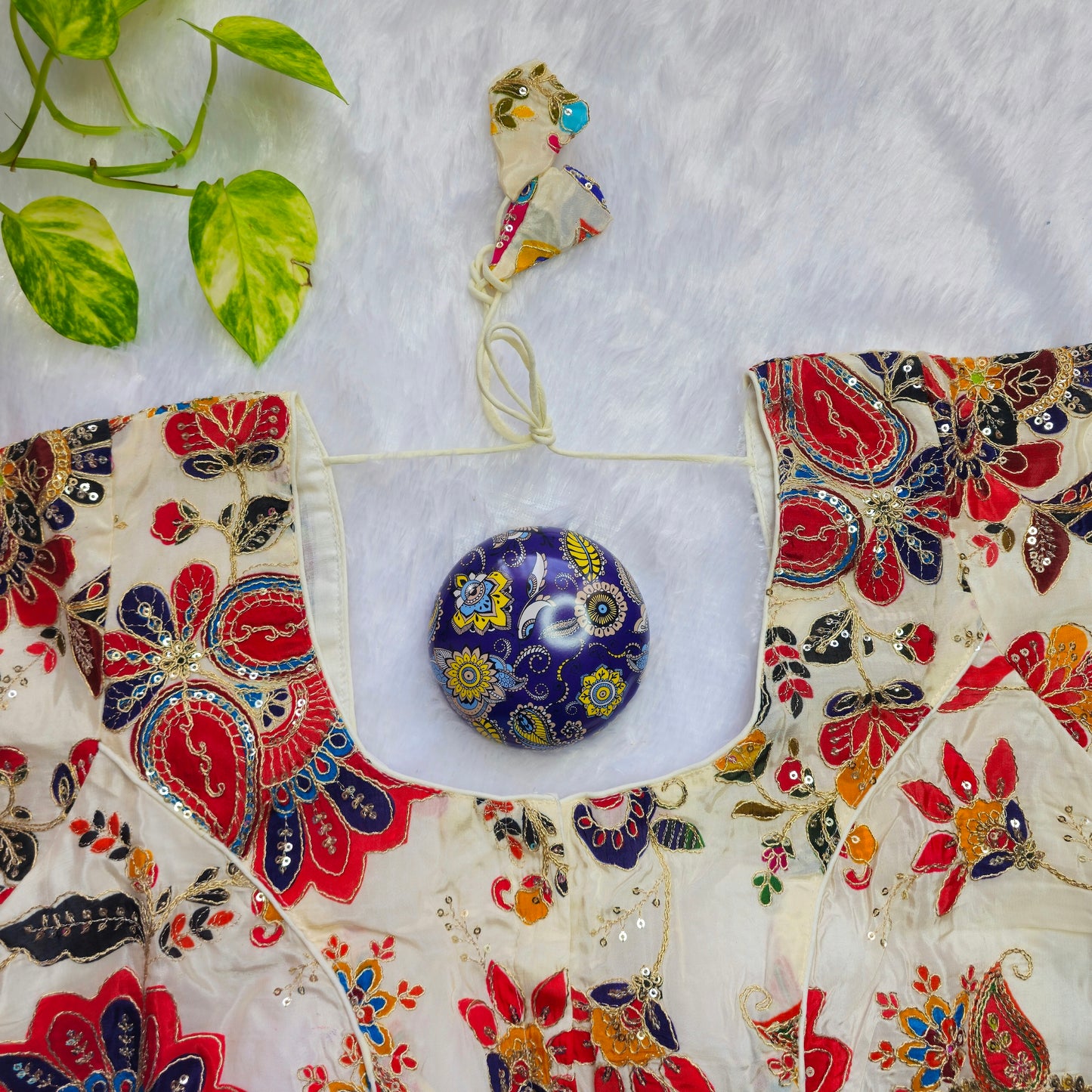 Off White and Red Crepe Kalamkari Blouse
