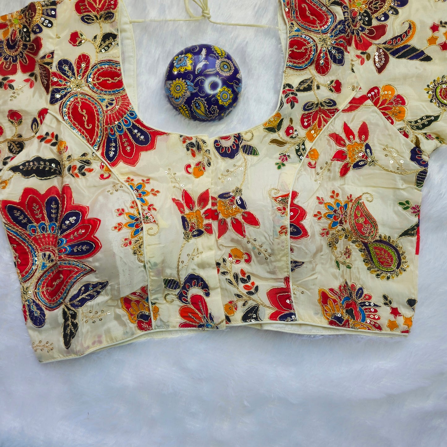 Off White and Red Crepe Kalamkari Blouse