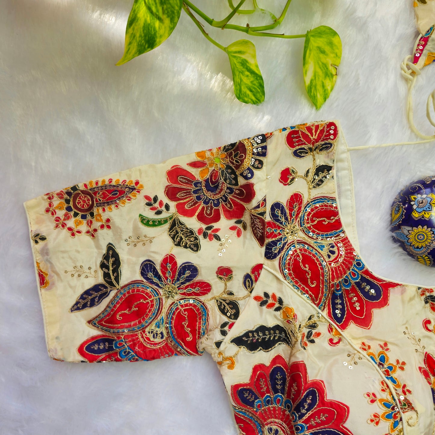 Off White and Red Crepe Kalamkari Blouse