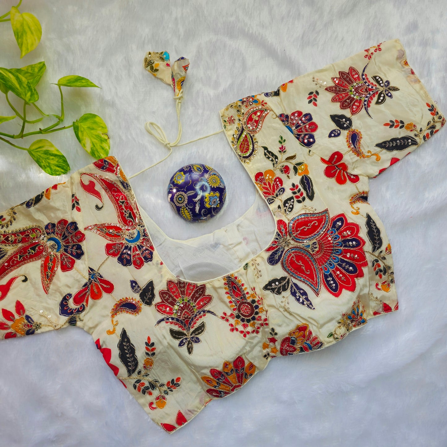 Off White and Red Crepe Kalamkari Blouse