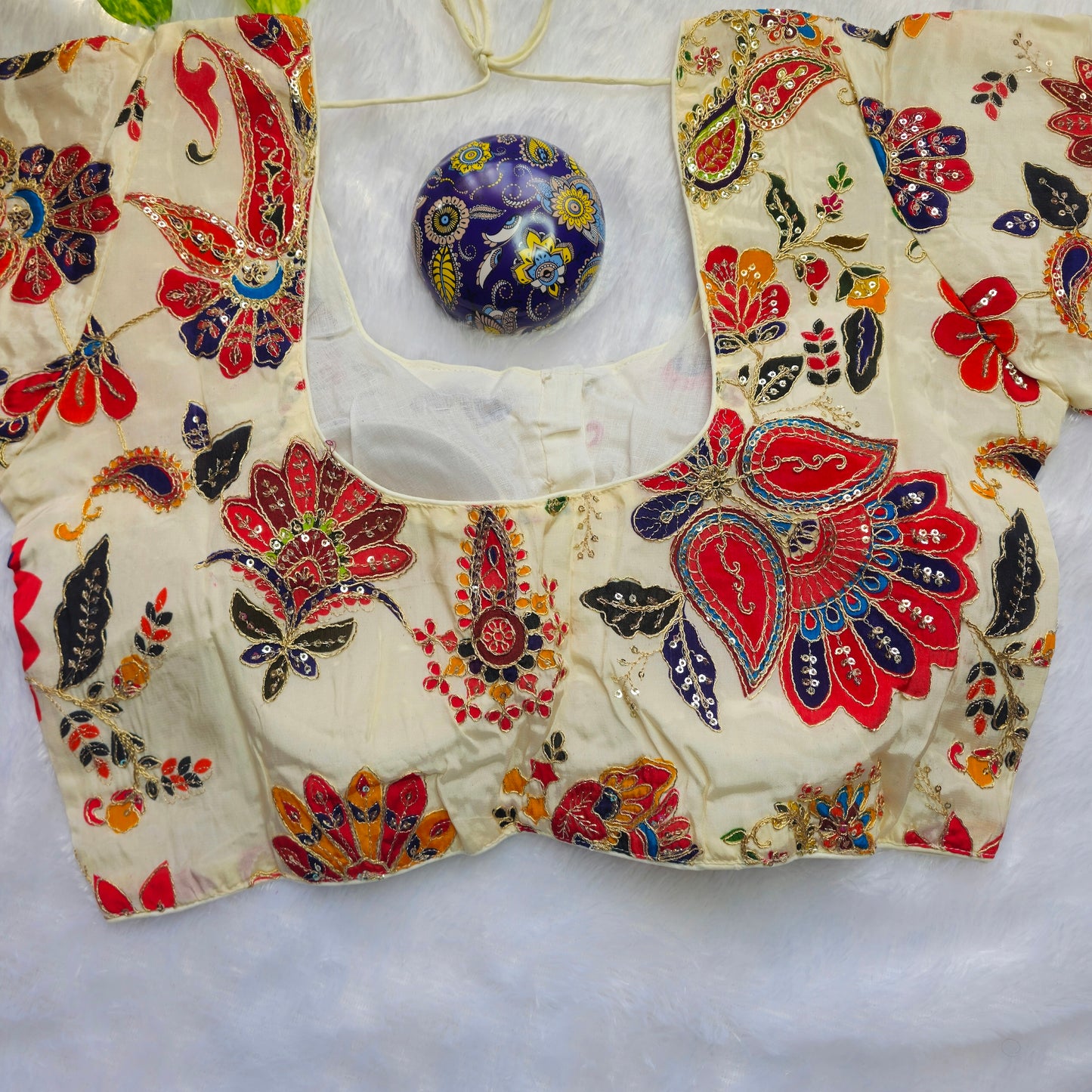 Off White and Red Crepe Kalamkari Blouse