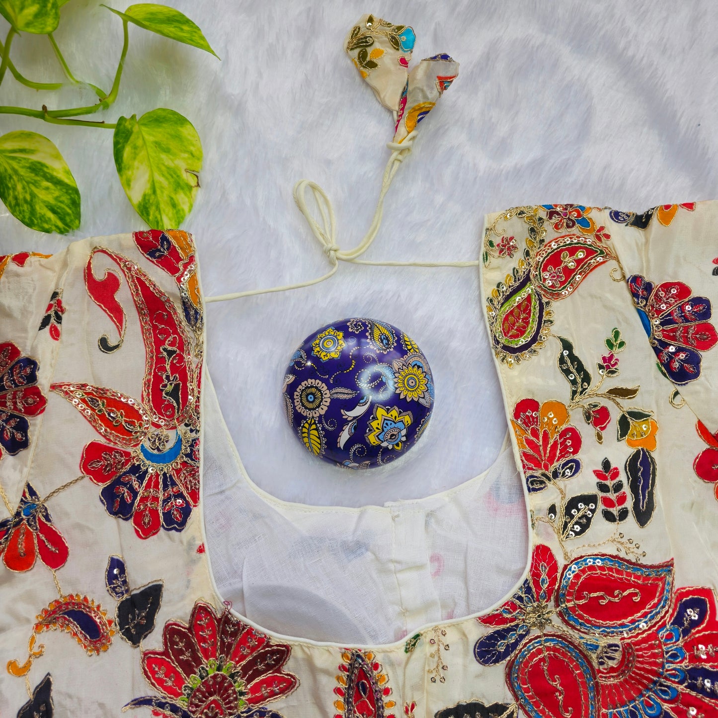 Off White and Red Crepe Kalamkari Blouse