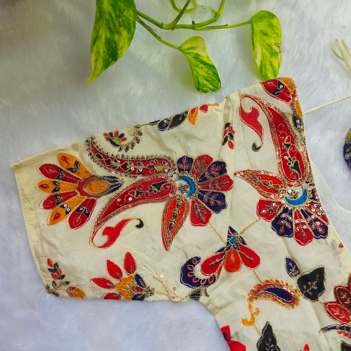 Off White and Red Crepe Kalamkari Blouse