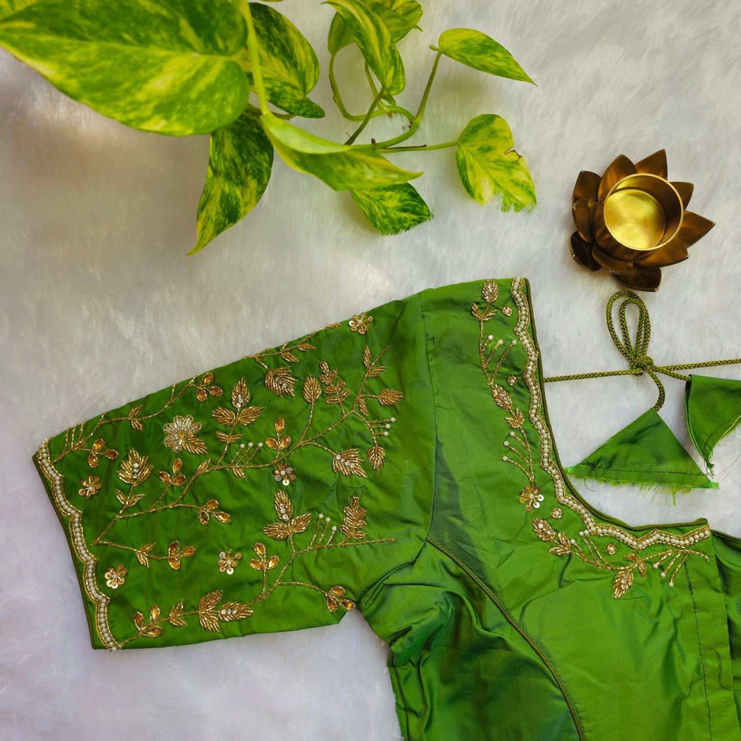Green Cutdana and Pearl Handwork Blouse