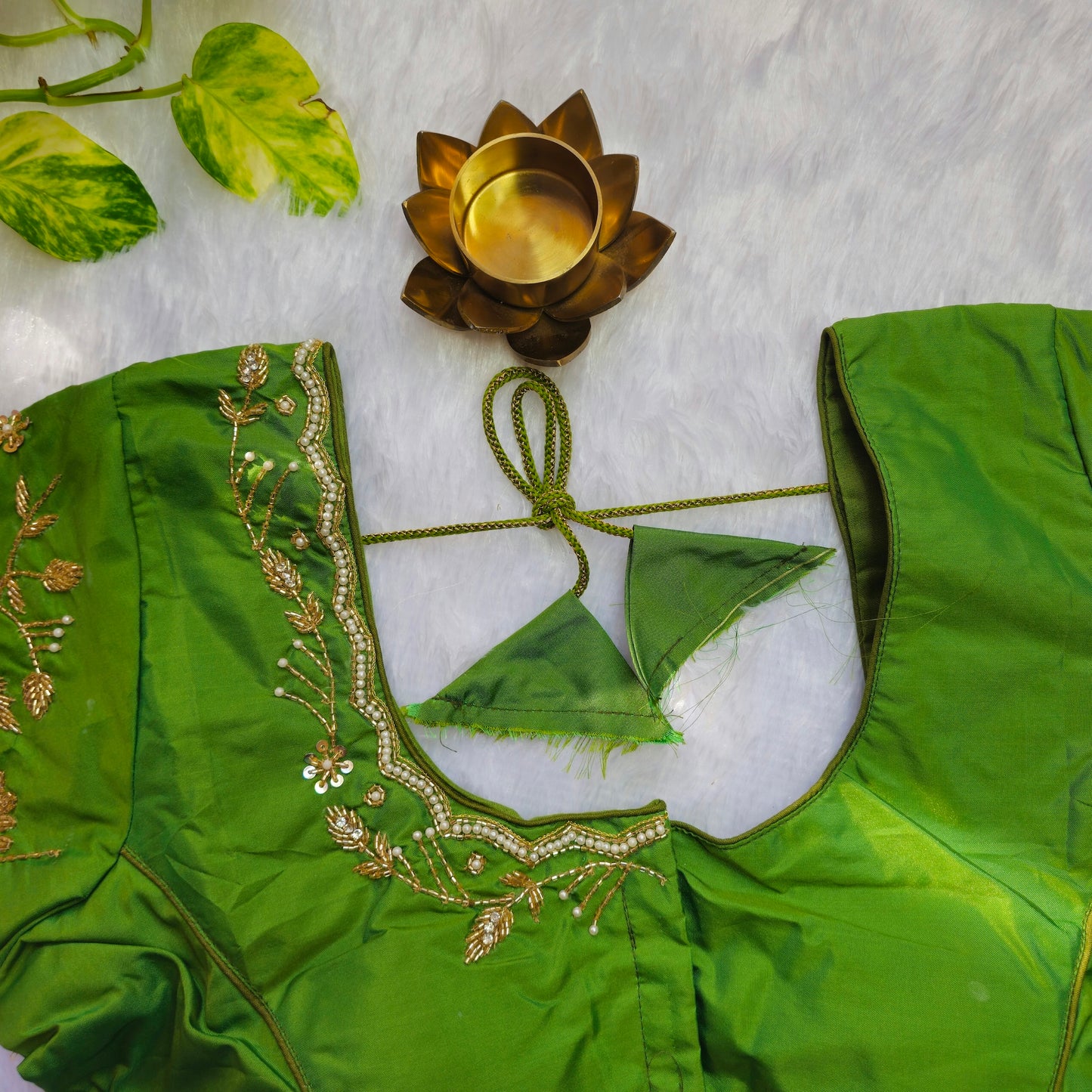 Green Cutdana and Pearl Handwork Blouse