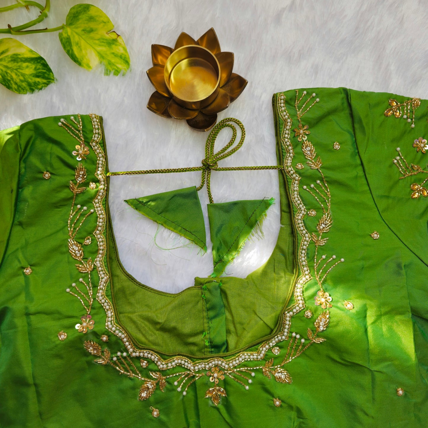 Green Cutdana and Pearl Handwork Blouse
