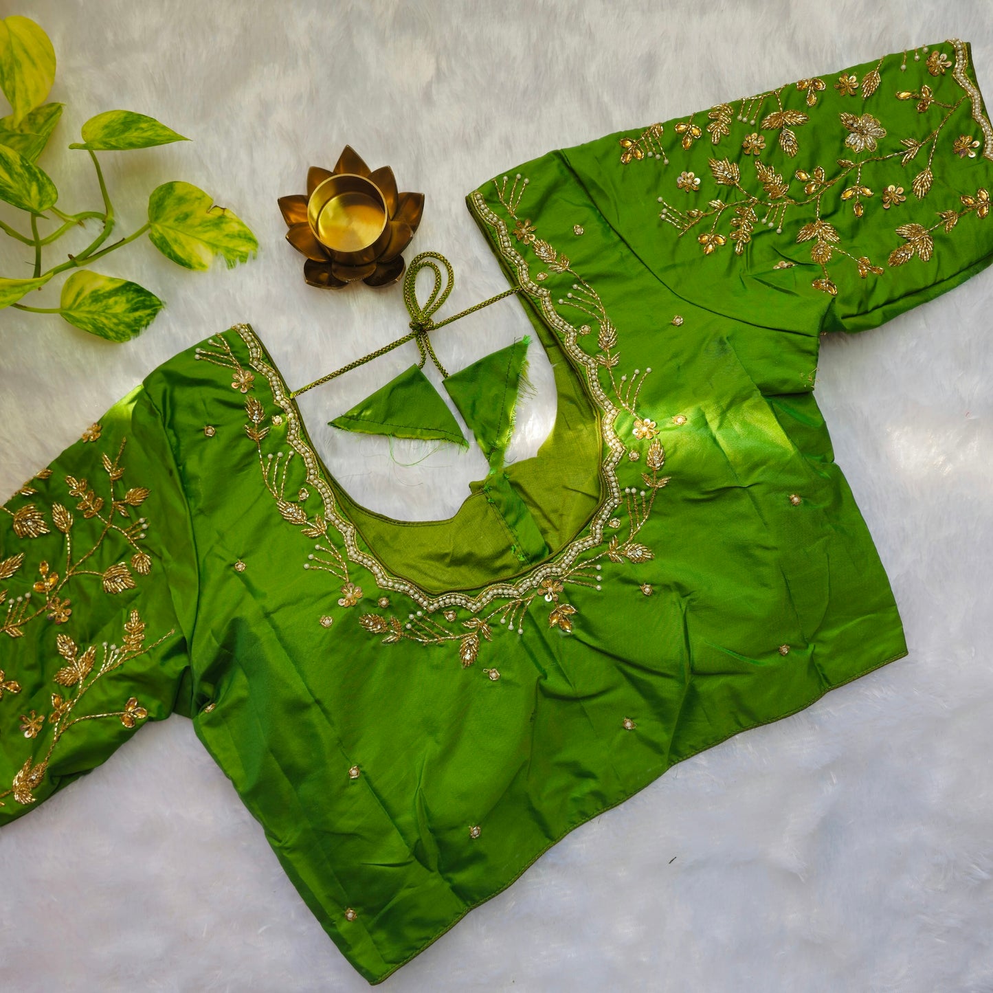 Green Cutdana and Pearl Handwork Blouse