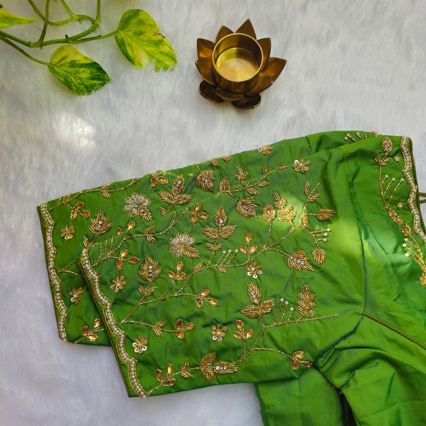 Green Cutdana and Pearl Handwork Blouse