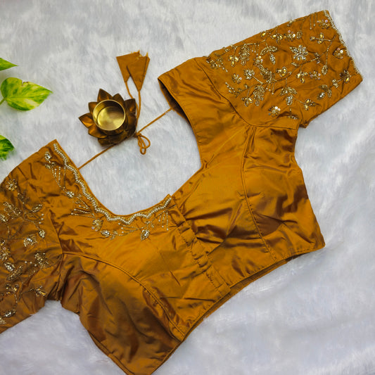 Mustard Yellow Cutdana and Pearl Handwork Blouse
