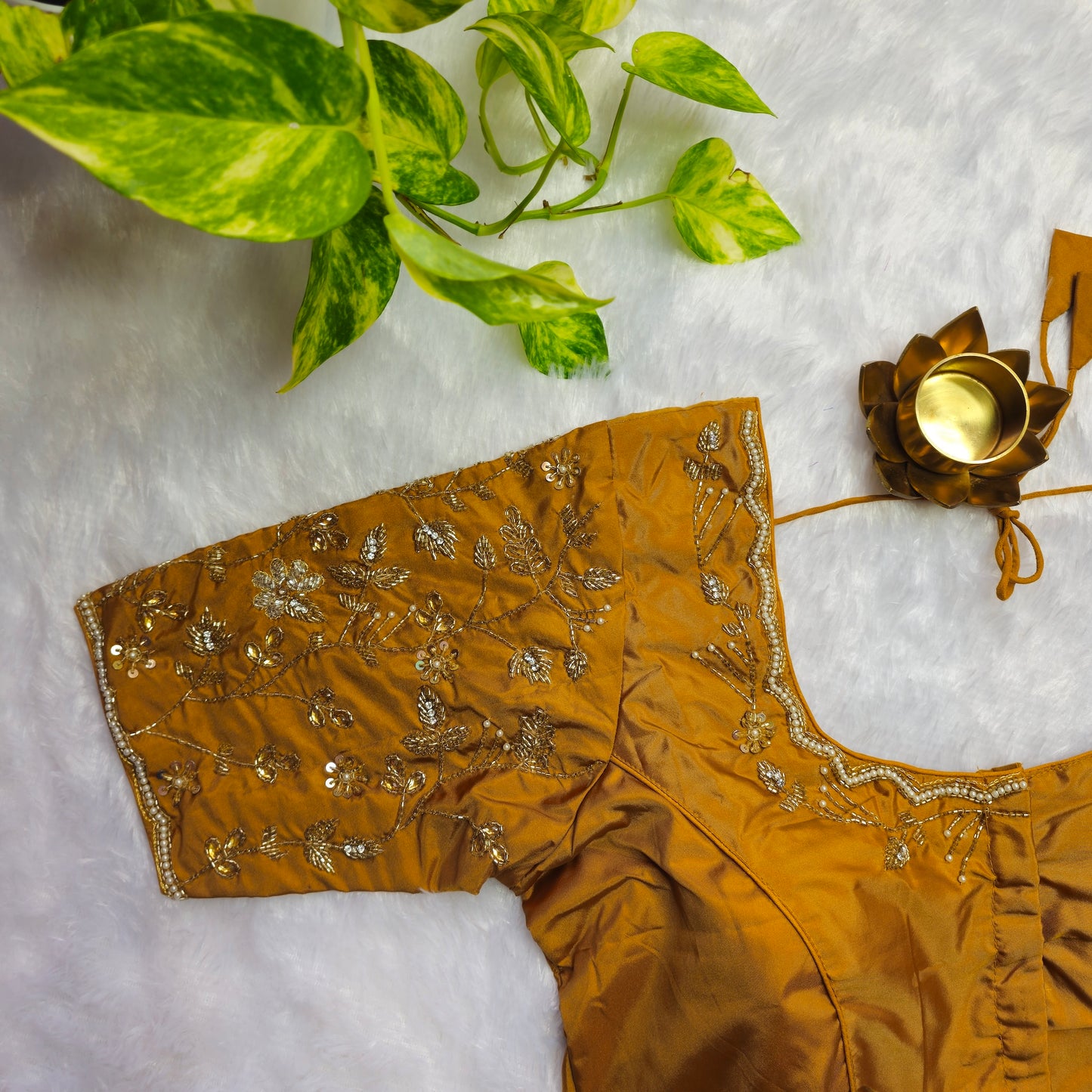 Mustard Yellow Cutdana and Pearl Handwork Blouse