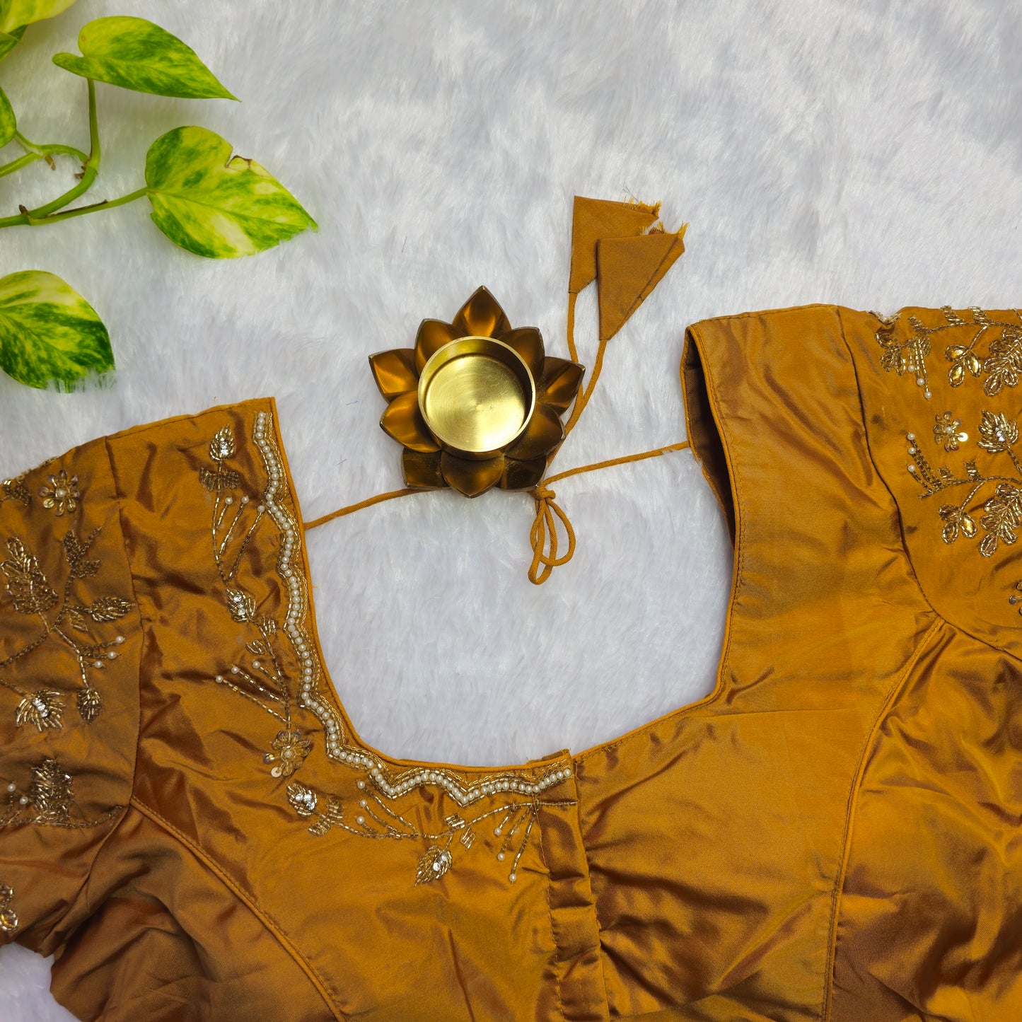 Mustard Yellow Cutdana and Pearl Handwork Blouse