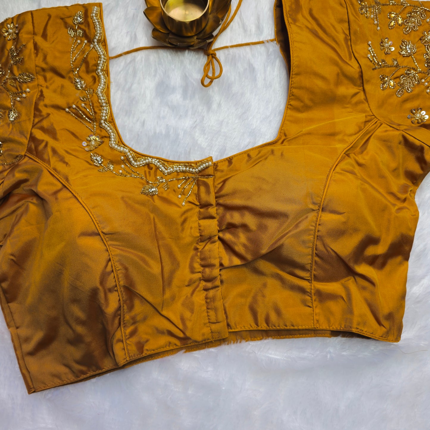 Mustard Yellow Cutdana and Pearl Handwork Blouse