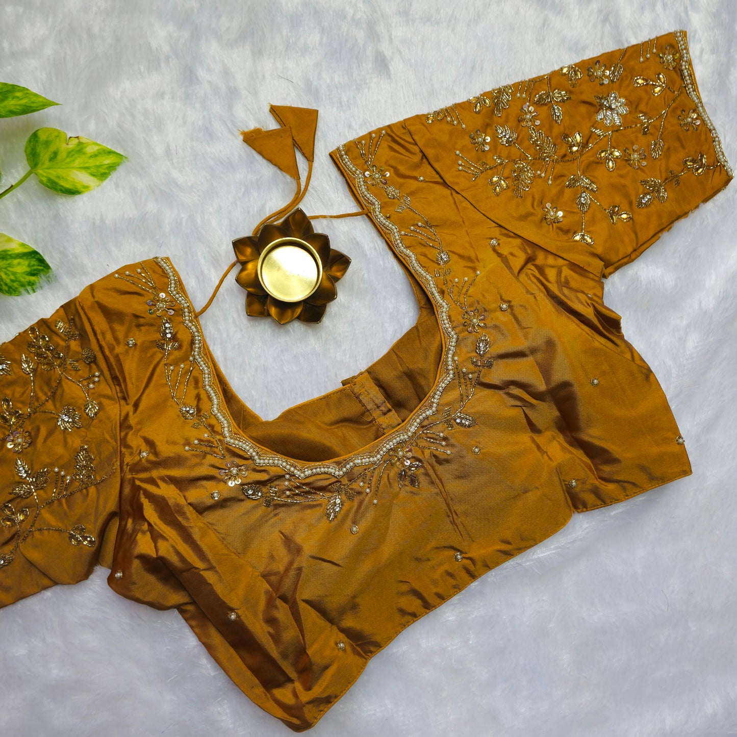 Mustard Yellow Cutdana and Pearl Handwork Blouse