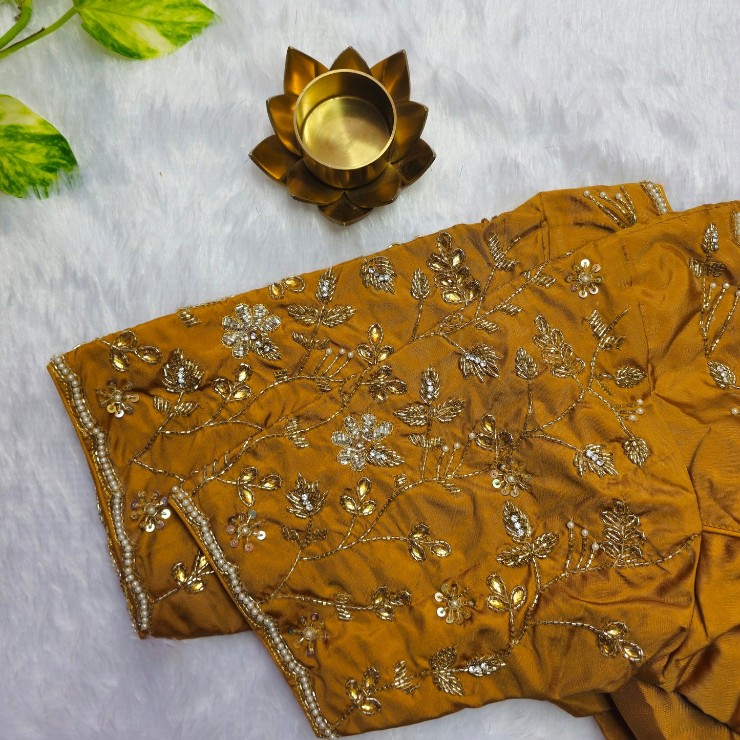 Mustard Yellow Cutdana and Pearl Handwork Blouse