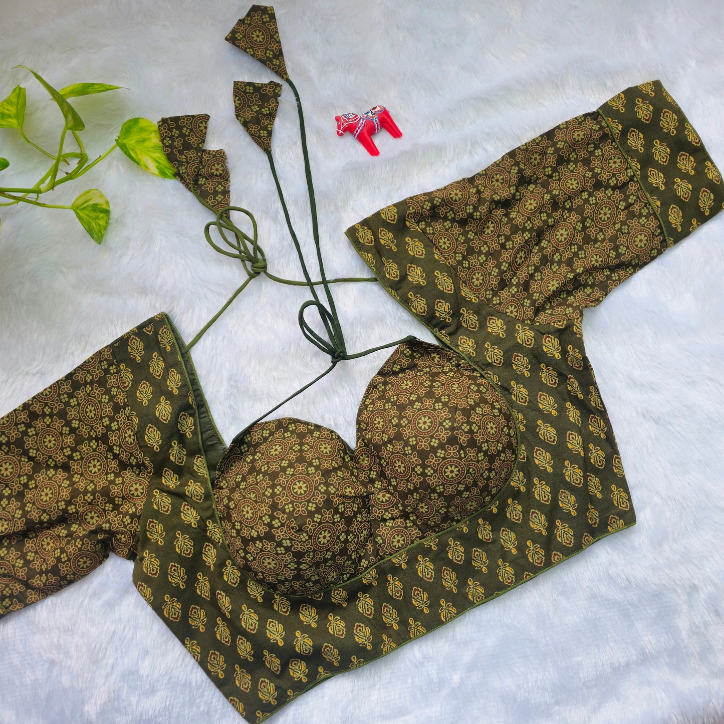 Mehendi Green Ajrakh Masaba Cut Blouse - Type 1