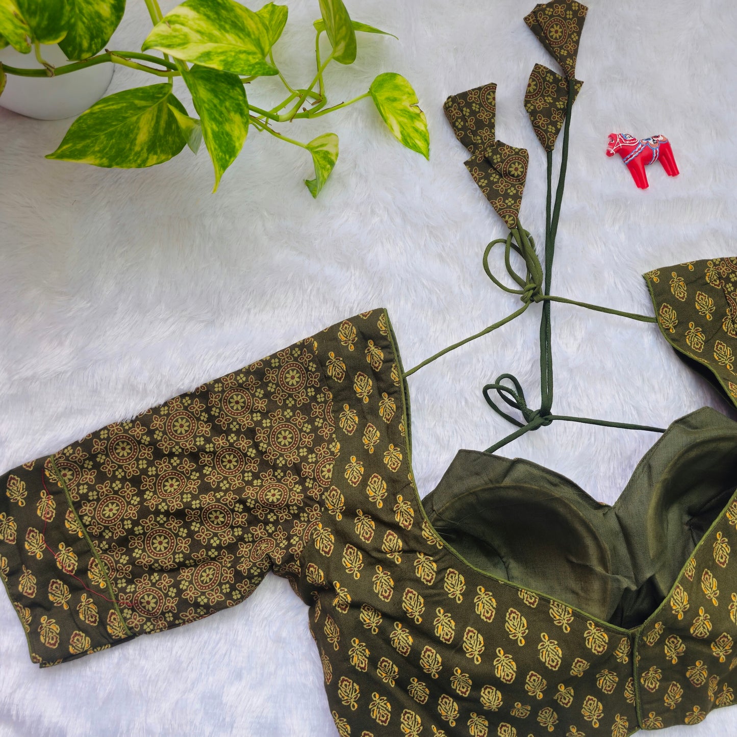 Mehendi Green Ajrakh Masaba Cut Blouse - Type 1