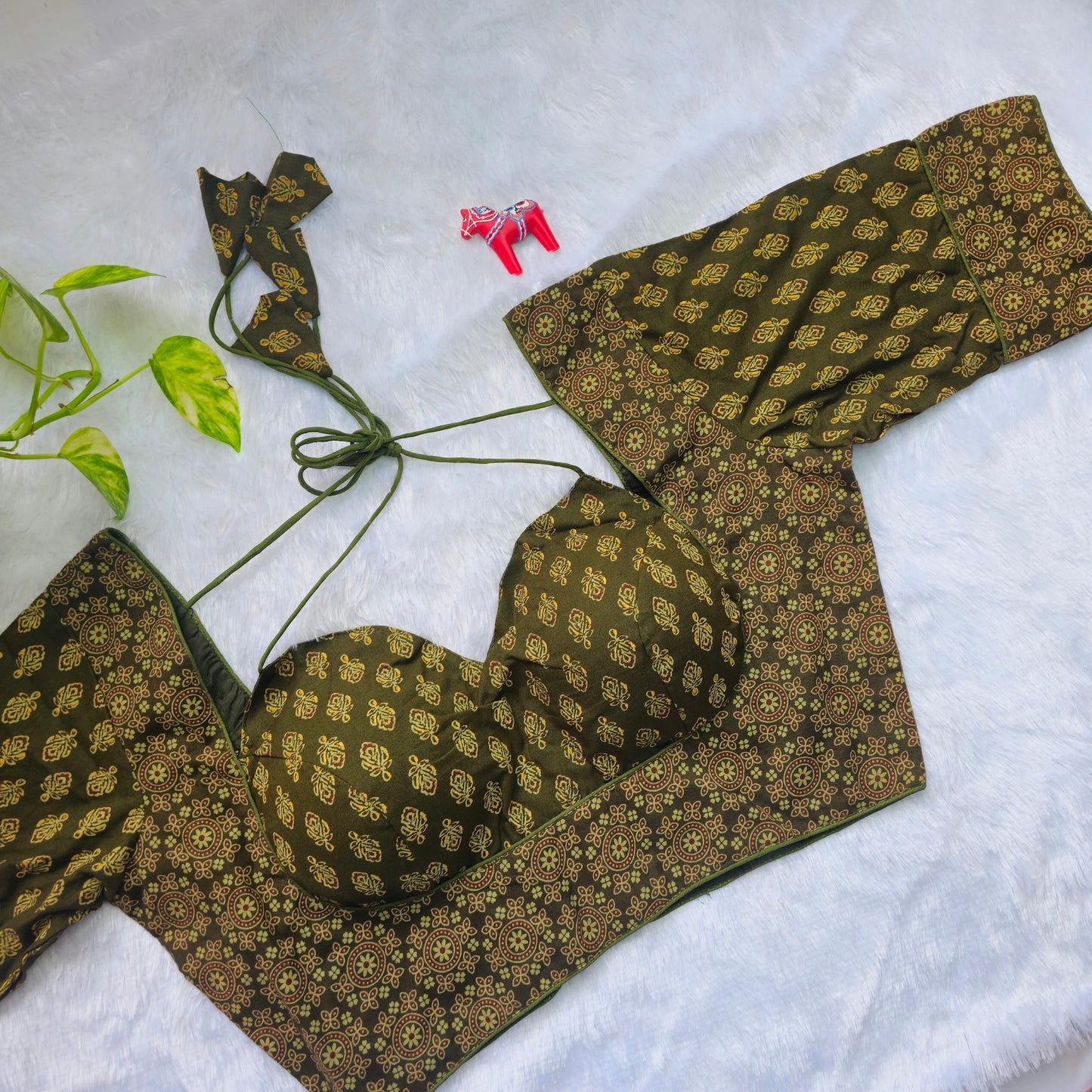 Mehendi Green Ajrakh Masaba Cut Blouse - Type 2