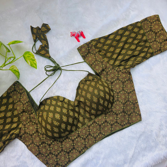 Mehendi Green Ajrakh Masaba Cut Blouse - Type 2