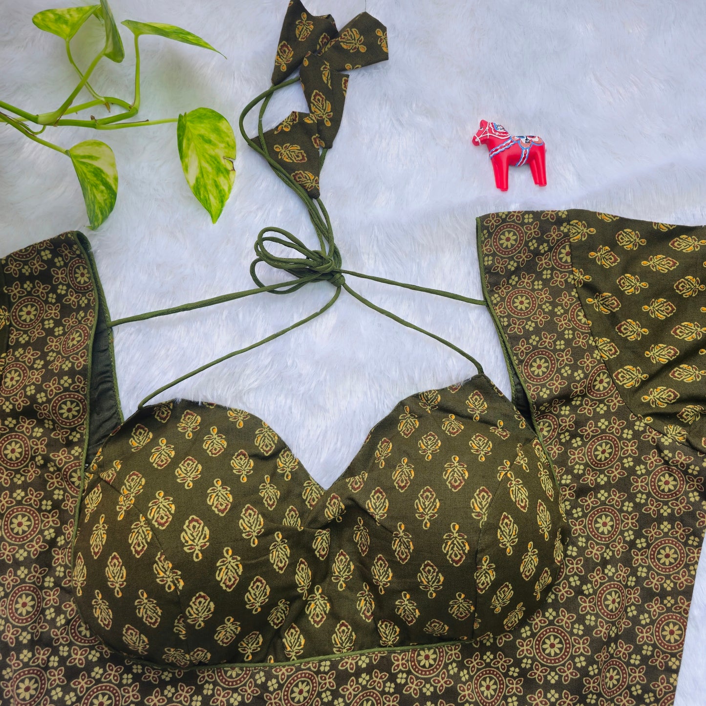 Mehendi Green Ajrakh Masaba Cut Blouse - Type 2