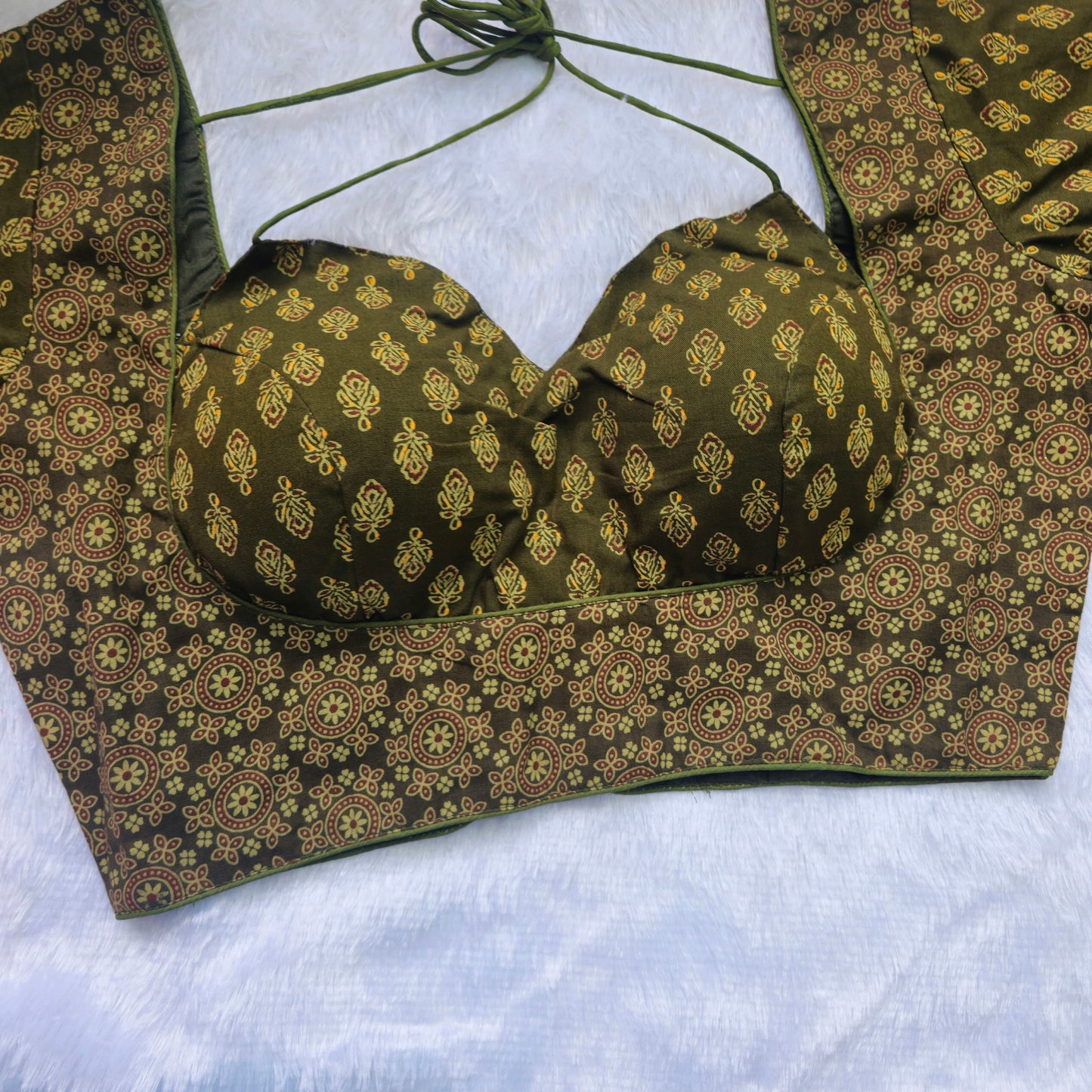 Mehendi Green Ajrakh Masaba Cut Blouse - Type 2