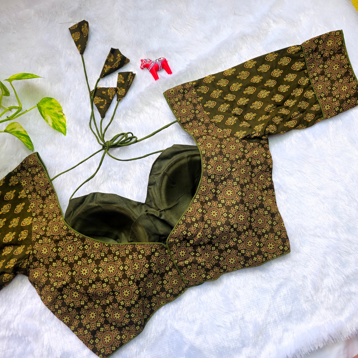 Mehendi Green Ajrakh Masaba Cut Blouse - Type 2