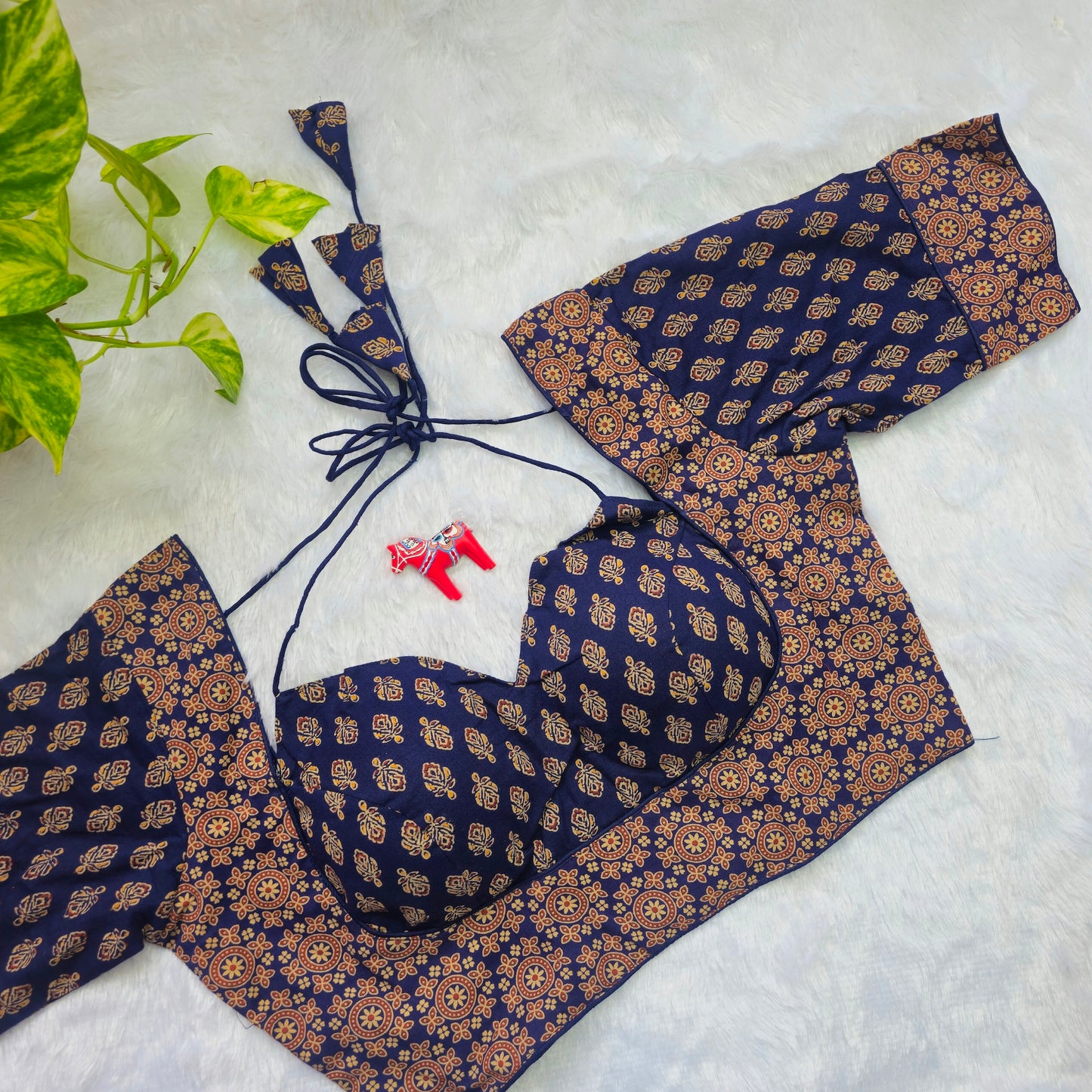 Dark Blue Ajrakh Masaba Cut Blouse - Type 2