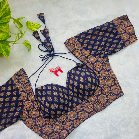 Dark Blue Ajrakh Masaba Cut Blouse - Type 2