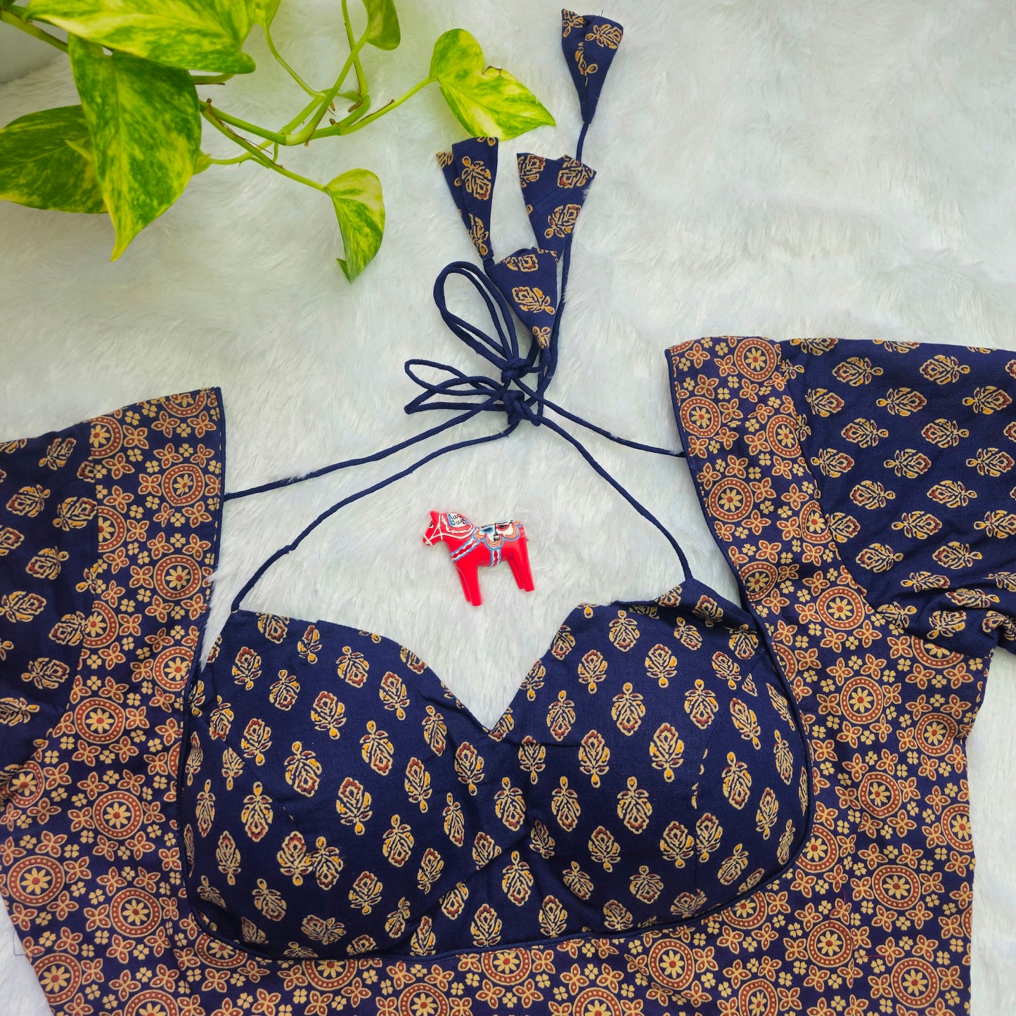Dark Blue Ajrakh Masaba Cut Blouse - Type 2