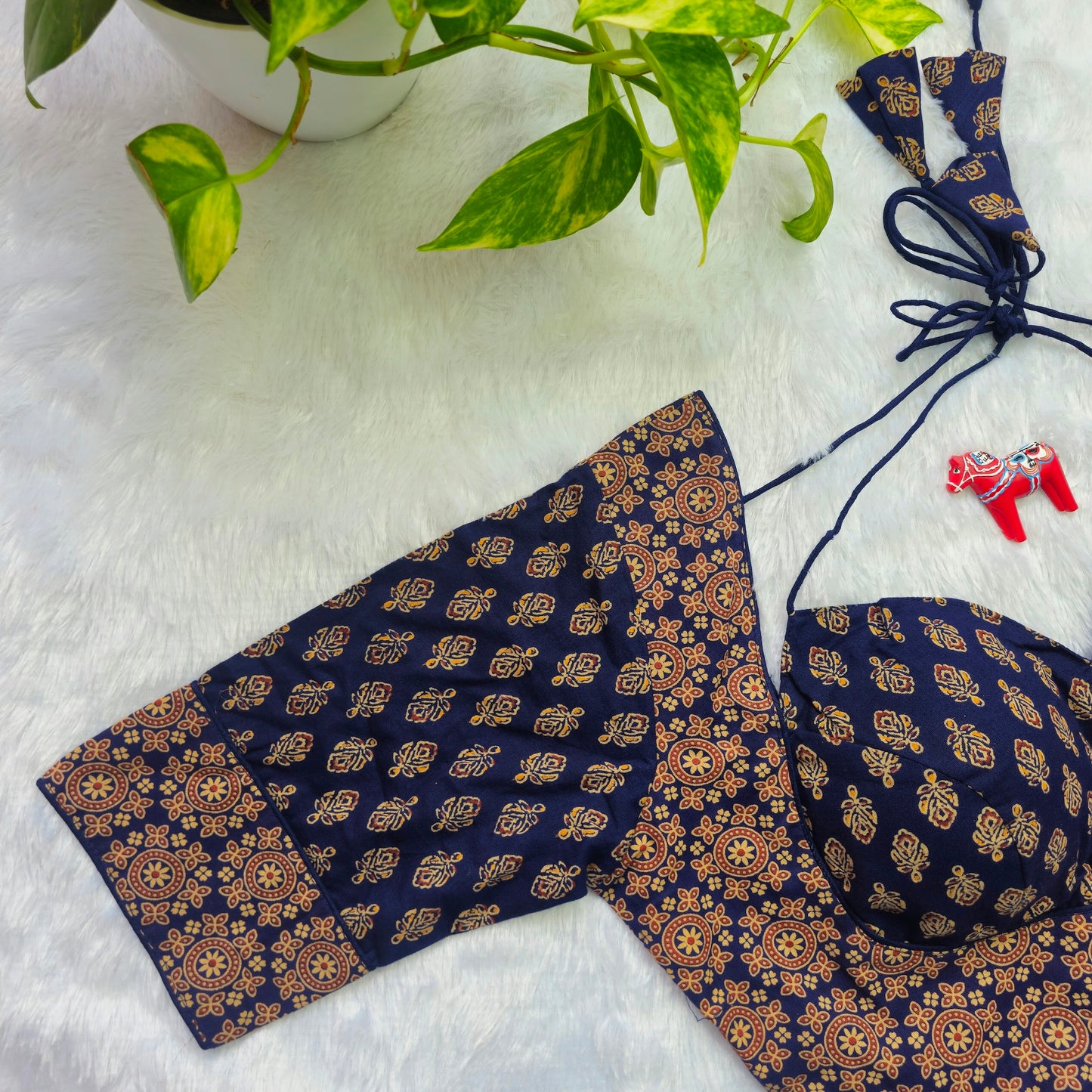 Dark Blue Ajrakh Masaba Cut Blouse - Type 2