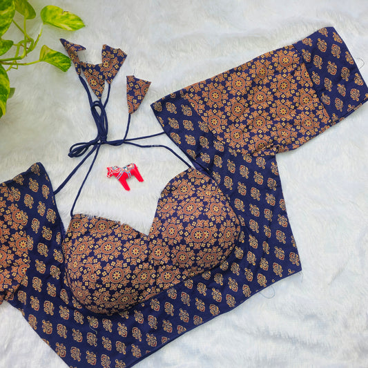 Dark Blue Ajrakh Masaba Cut Blouse - Type 1