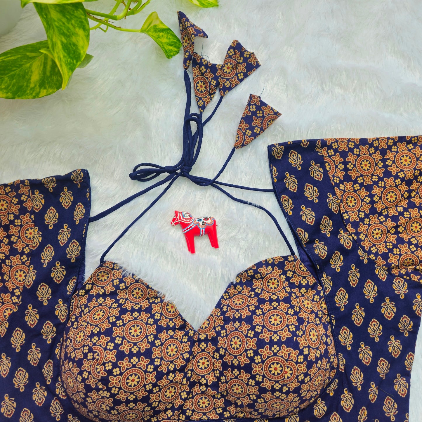 Dark Blue Ajrakh Masaba Cut Blouse - Type 1
