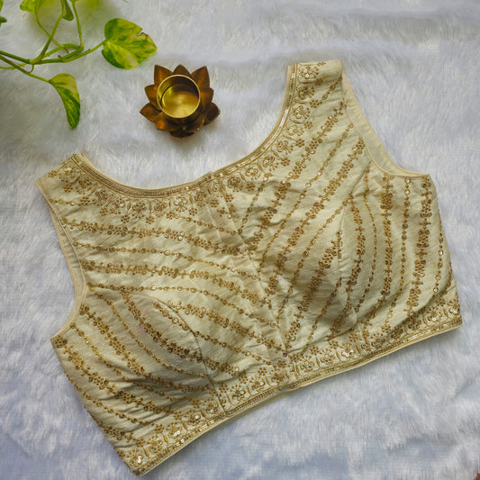Off White Raw Silk Embroidery Sleeveless Blouse(attachable sleeves)