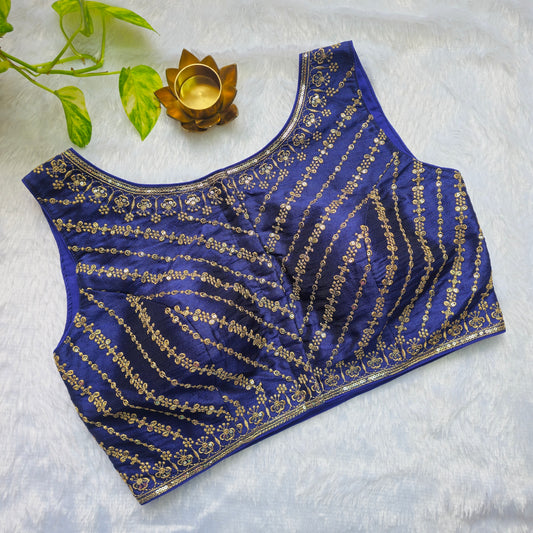 Royal Blue Raw Silk Embroidery Sleeveless Blouse(attachable sleeves)
