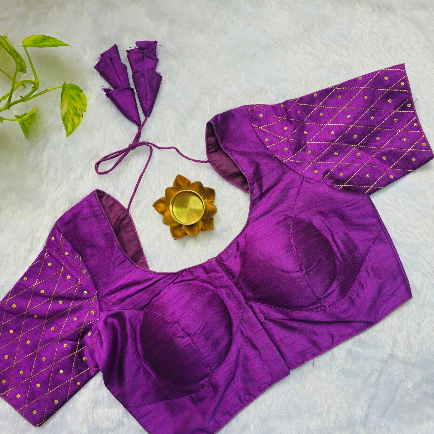Purple Raw Silk Simple Embroidery Blouse