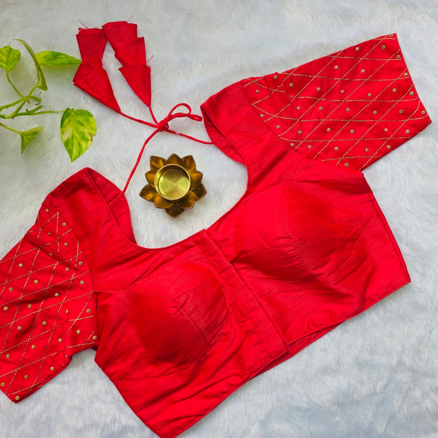 Red Raw Silk Simple Embroidery Blouse